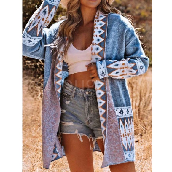 Blue Cardigan Aztec Western Bohemian Print Knit Long Sleeve - Picture 3 of 16